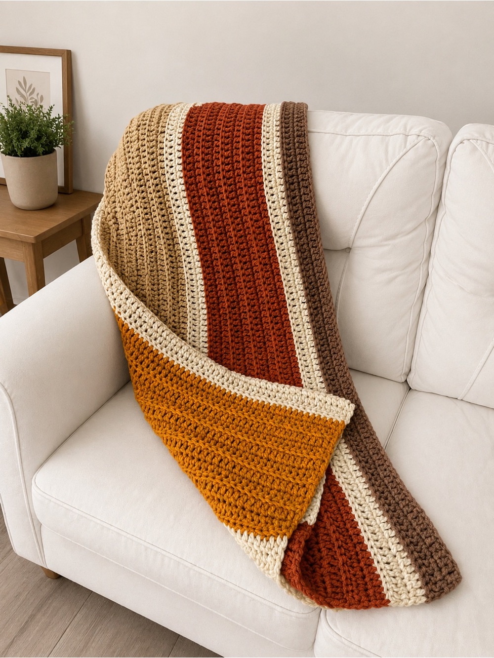 Handmade Striped Crochet Blanket Retro Terracotta Tan Brown Autumn Warm Tones